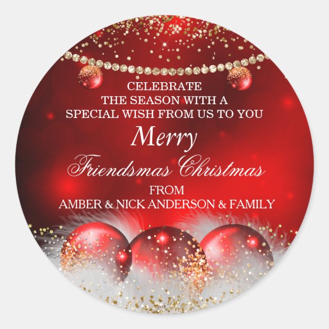 Red Gold Baubles Friendsmas Christmas Greetings  Classic Round Sticker (Front)