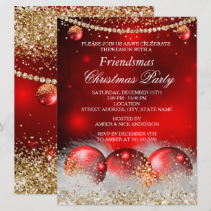 Red Gold Baubles Friendsmas Christmas Party Invitation
