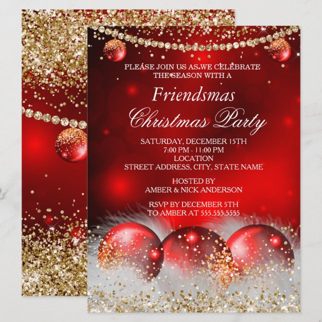 Red Gold Baubles Friendsmas Christmas Party Invitation (Front/Back)
