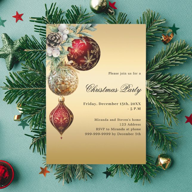 Red gold baubles greenery Christmas Party Invitation (Creator Uploaded)