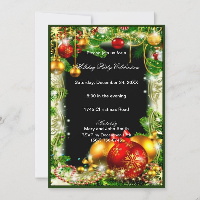 Red Gold Baubles Pine Christmas Party Invitation (Front)