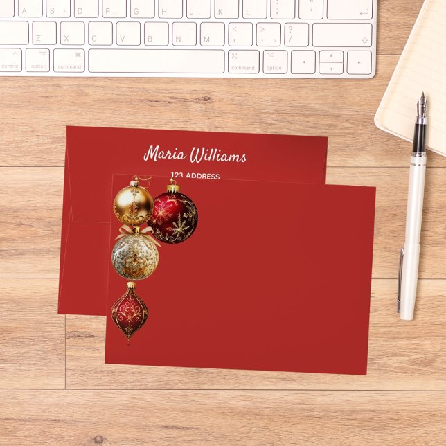 Red gold baubles return address Christmas Envelope (Creator Uploaded)