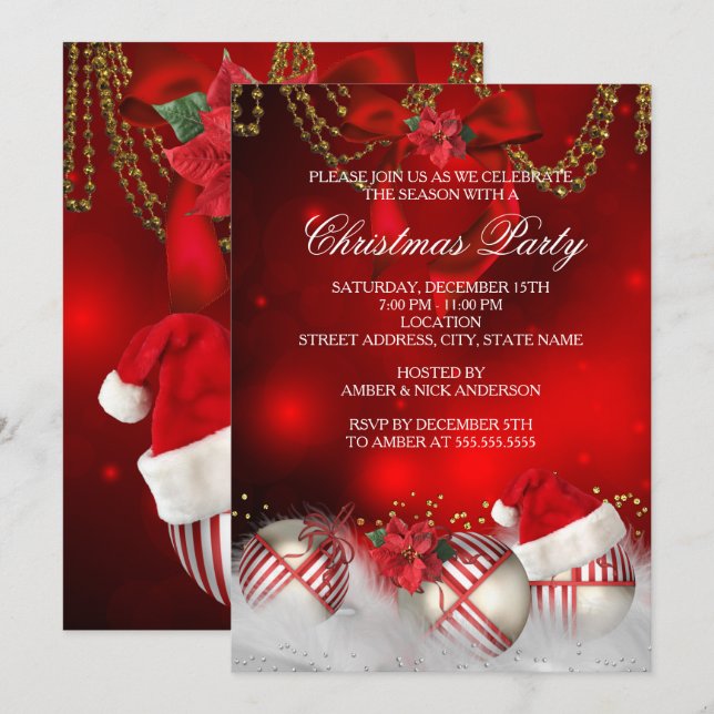 Red Gold Baubles Santa Hat Christmas Party Invitation (Front/Back)
