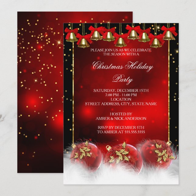Red Gold Bells Baubles Christmas Holiday Party Invitation (Front/Back)