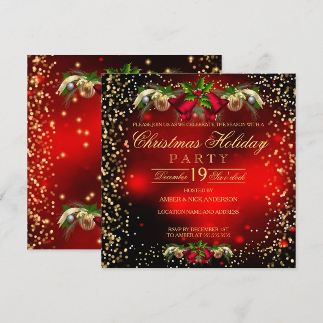 Red Gold Bells Holly Christmas Holiday Party Invitation (Front/Back)
