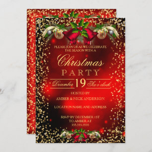 Red Gold Bells Holly Photo Christmas Holiday Party Invitation