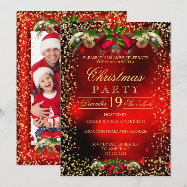 Red Gold Bells Holly Photo Christmas Holiday Party Invitation (Front/Back)