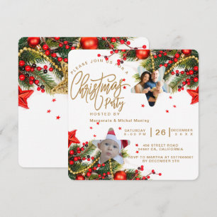Red Gold Bells Holly Photo Christmas Holiday Party Invitation