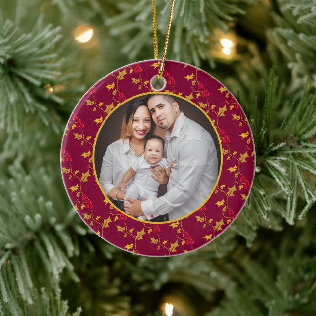 Red gold berries Christmas photo Ceramic Tree Decoration (Tree)