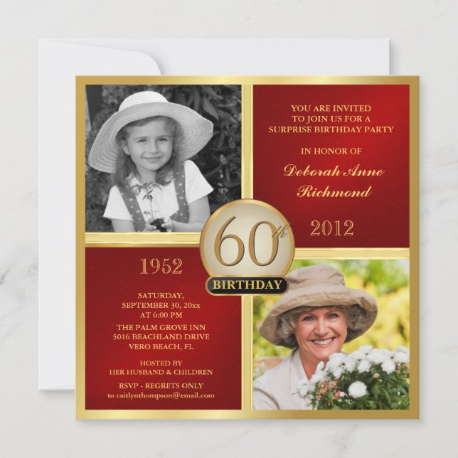 Red Gold Birthday Invitations Then & Now 2 Photos (Front)