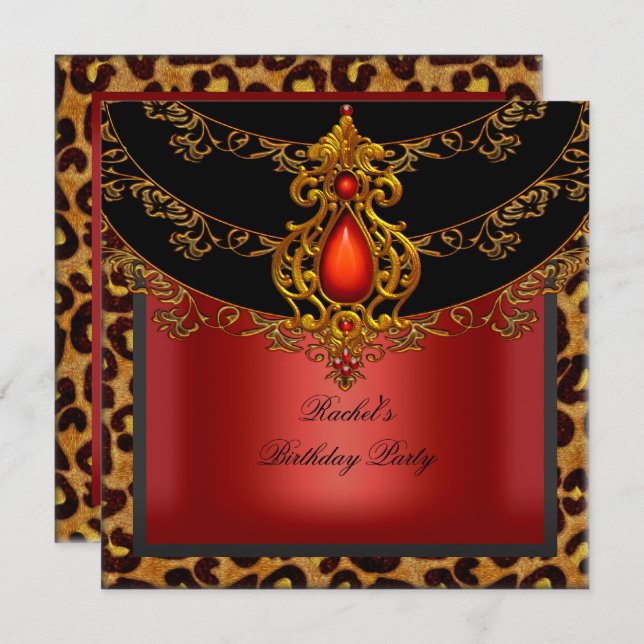 Red Gold Black Birthday Party Leopard Invitation (Front/Back)