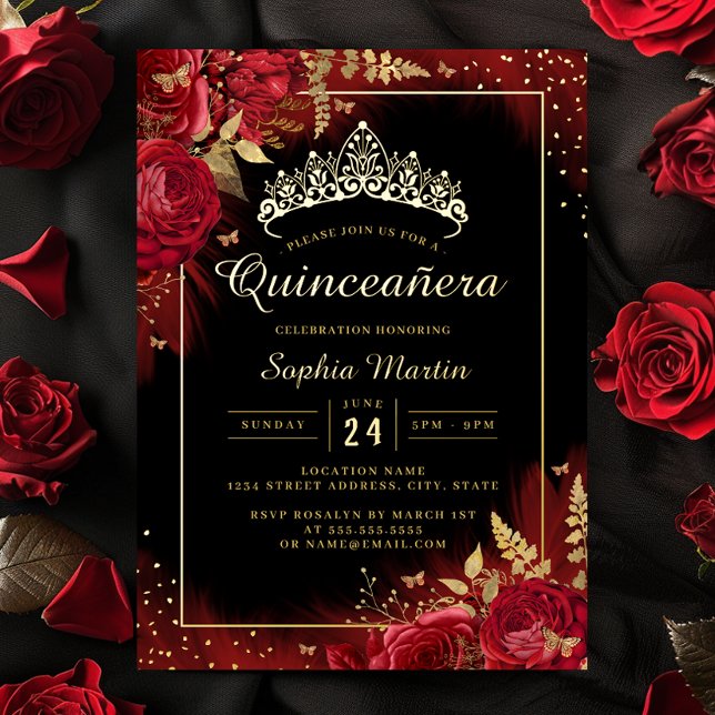 Red Gold Black Butterfly Floral Quinceanera  (Creator Uploaded)