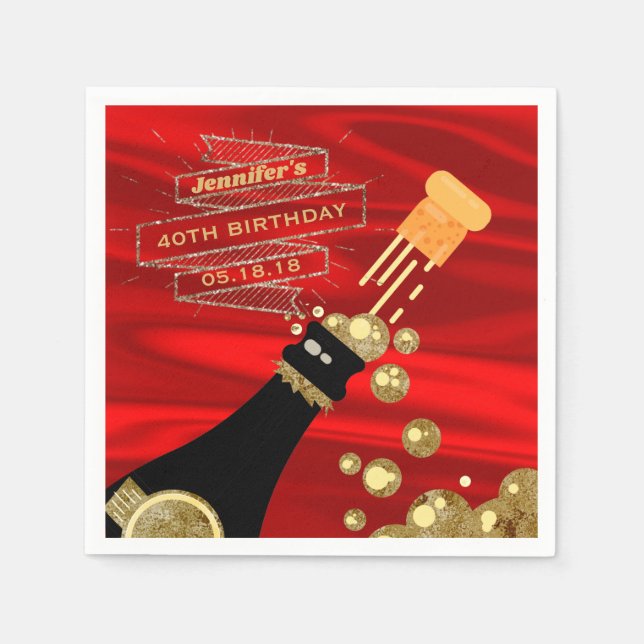Red Gold Black Champagne Elegant Birthday Napkin (Front)