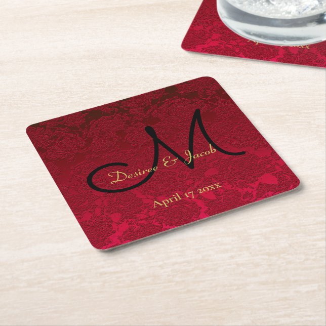 Red Gold Black Christmas Winter Wedding Monogram Square Paper Coaster (Angled)
