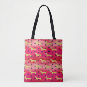 Red/Gold/Black Dachshund & Triangles Pattern Tote Bag