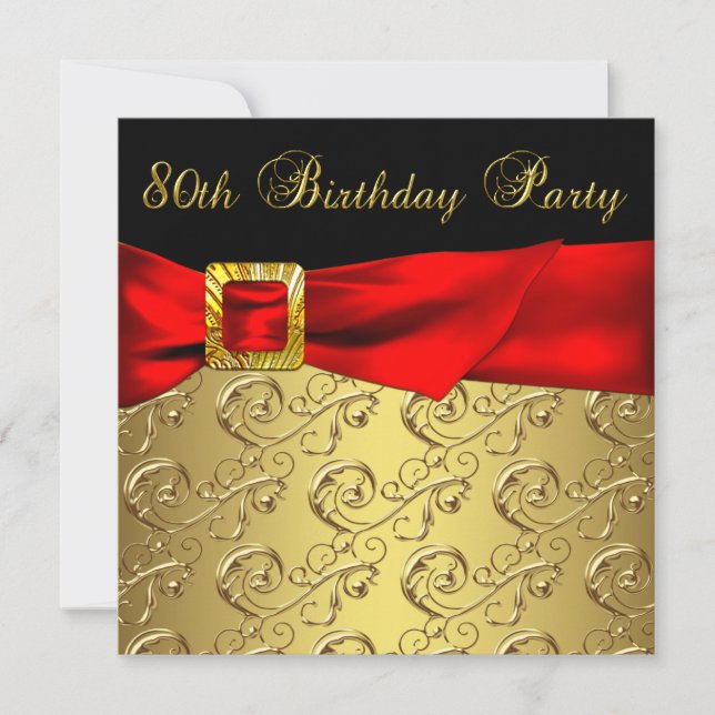 Red Gold Black Damask Womans 80th Birthday Party Invitation (Front)