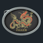 Red Gold Black Fantasy Chinese Dragon Belt Buckle<br><div class="desc">A fierce black Chinese dragon outlined in gold decorates this item. Red accents highlight the dragon's jaw,  head and spine. Your name is written in bold gold below.</div>