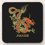 Red Gold Black Fantasy Chinese Dragon Coaster<br><div class="desc">A fierce black Chinese dragon outlined in gold decorates this plastic coaster. Red accents highlight the dragon's jaw,  head and spine. Your name is written in bold gold below.</div>