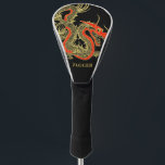 Red Gold Black Fantasy Chinese Dragon Golf Head Cover<br><div class="desc">A fierce black Chinese dragon outlined in gold decorates this golf head cover. Red accents highlight the dragon's jaw,  head and spine. Your name is written in bold gold below.</div>