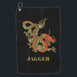 Red Gold Black Fantasy Chinese Dragon Golf Towel<br><div class="desc">A fierce black Chinese dragon outlined in gold decorates this golf towel. Red accents highlight the dragon's jaw,  head and spine. Your name is written in bold gold below.</div>