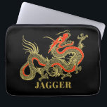 Red Gold Black Fantasy Chinese Dragon Laptop Sleeve<br><div class="desc">A fierce black Chinese dragon outlined in gold decorates this item. Red accents highlight the dragon's jaw,  head and spine. Your name is written in bold gold below.</div>
