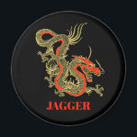 Red Gold Black Fantasy Chinese Dragon Magnet<br><div class="desc">A fierce black Chinese dragon outlined in gold decorates this magnet. Red accents highlight the dragon's jaw,  head and spine. Your name is written in bold gold below.</div>