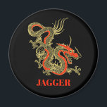 Red Gold Black Fantasy Chinese Dragon Magnet<br><div class="desc">A fierce black Chinese dragon outlined in gold decorates this magnet. Red accents highlight the dragon's jaw,  head and spine. Your name is written in bold gold below.</div>