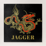 Red Gold Black Fantasy Chinese Dragon Monogram Jigsaw Puzzle<br><div class="desc">A fierce black Chinese dragon outlined in gold decorates this item. Red accents highlight the dragon's jaw,  head and spine. Your name is written in bold gold below.</div>