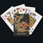 Red Gold Black Fantasy Chinese Dragon Playing Cards<br><div class="desc">A fierce black Chinese dragon outlined in gold decorates this playing cards. Red accents highlight the dragon's jaw,  head and spine. Your name is written in bold gold below.</div>