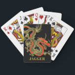 Red Gold Black Fantasy Chinese Dragon Playing Cards<br><div class="desc">A fierce black Chinese dragon outlined in gold decorates this playing cards. Red accents highlight the dragon's jaw,  head and spine. Your name is written in bold gold below.</div>
