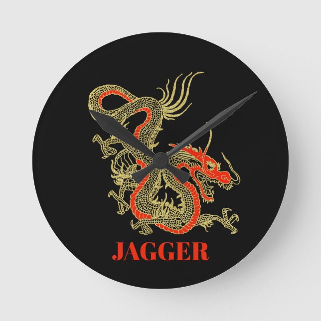 Red Gold Black Fantasy Chinese Dragon Round Clock (Front)