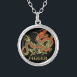 Red Gold Black Fantasy Chinese Dragon Silver Plated Necklace<br><div class="desc">A fierce black Chinese dragon outlined in gold decorates this item. Red accents highlight the dragon's jaw,  head and spine. Your name is written in bold gold below.</div>