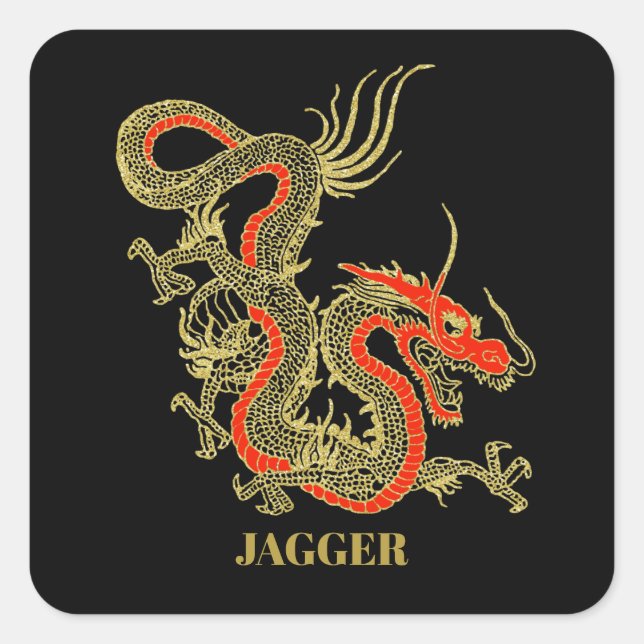 Red Gold Black Fantasy Chinese Dragon Square Sticker (Front)