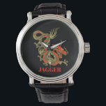 Red Gold Black Fantasy Chinese Dragon Watch<br><div class="desc">A fierce black Chinese dragon outlined in gold decorates this wrist watch. Red accents highlight the dragon's jaw,  head and spine. Your name is written in bold gold below.</div>