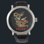 Red Gold Black Fantasy Chinese Dragon Watch<br><div class="desc">A fierce black Chinese dragon outlined in gold decorates this wrist watch. Red accents highlight the dragon's jaw,  head and spine. Your name is written in bold gold below.</div>