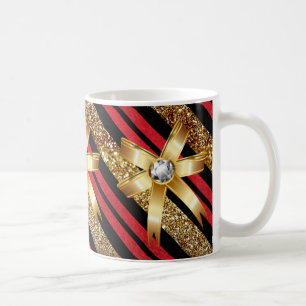 Red Gold & Black Faux Glitter Gold Diamond Bows Coffee Mug