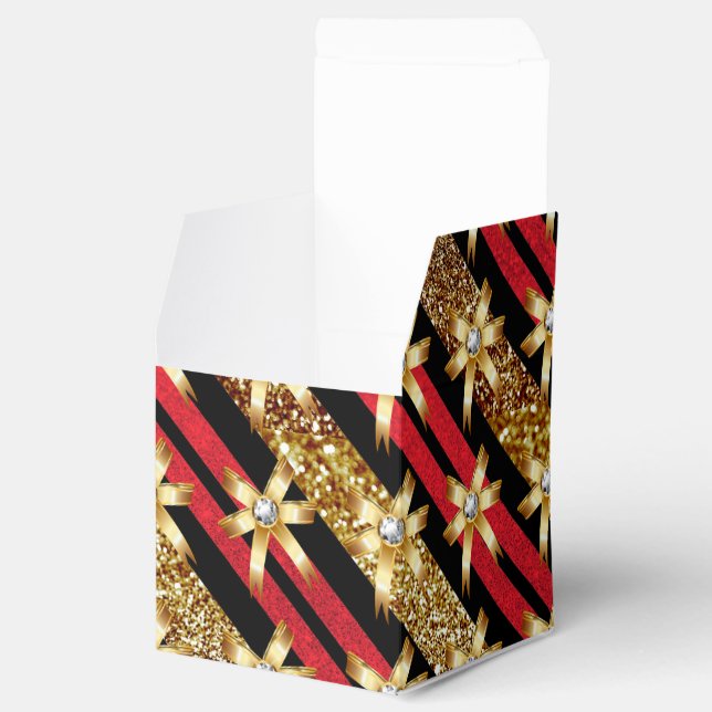 Red Gold & Black Faux Glitter Gold Diamond Bows Favour Box (Opened)