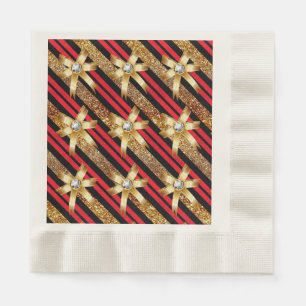Red Gold & Black Faux Glitter Gold Diamond Bows Napkin