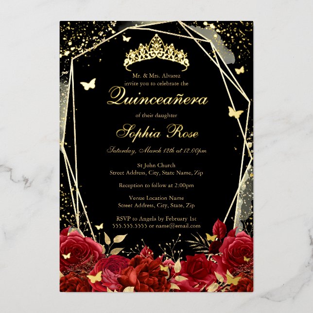 Red Gold Black Floral Butterfly Tiara Quinceanera (Front)