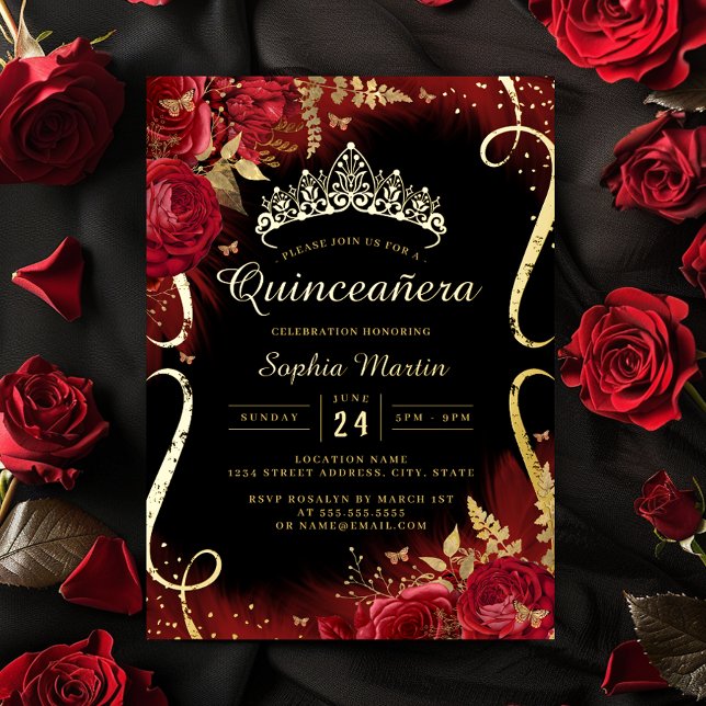 Red Gold Black Floral Scroll Quinceanera  (Creator Uploaded)