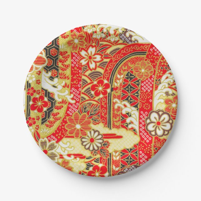 Red Gold Black Japanese Kimono Floral Flower Paper Plate (Front)