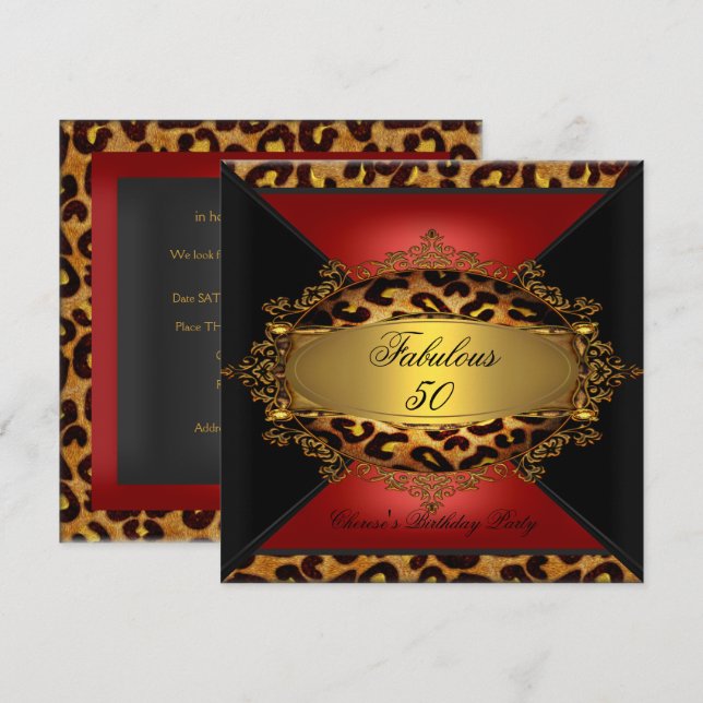 Red Gold Black Leopard Birthday Party 50th 50 2 Invitation (Front/Back)