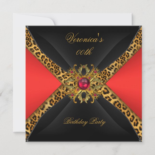 Red Gold Black Leopard Jewel Birthday Party Invitation (Front)