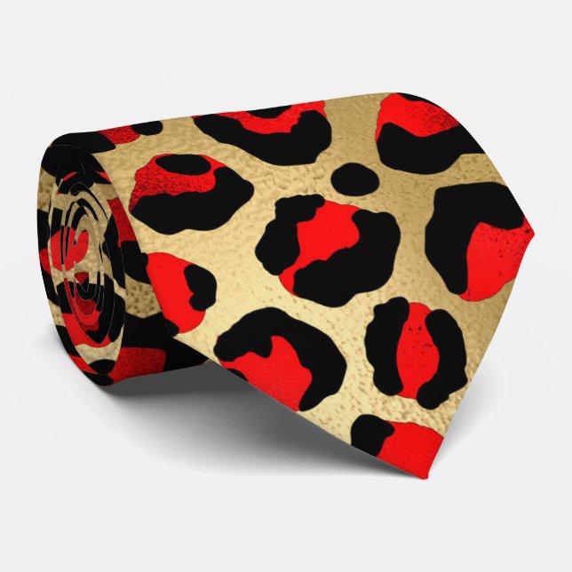 Red gold black leopard print animal skin elegant tie (Rolled)