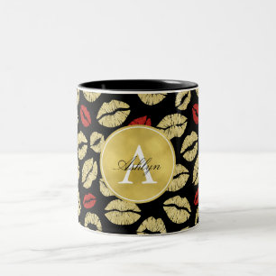 Red Gold Black Lips Abstract Monogram Two-Tone Coffee Mug