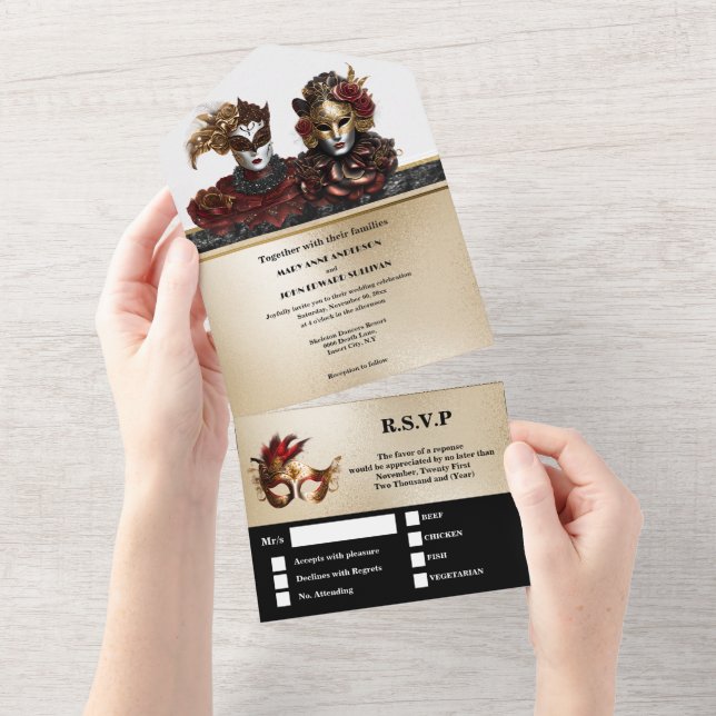 Red gold black masquerade wedding carnival chic  all in one invitation (Tearaway)