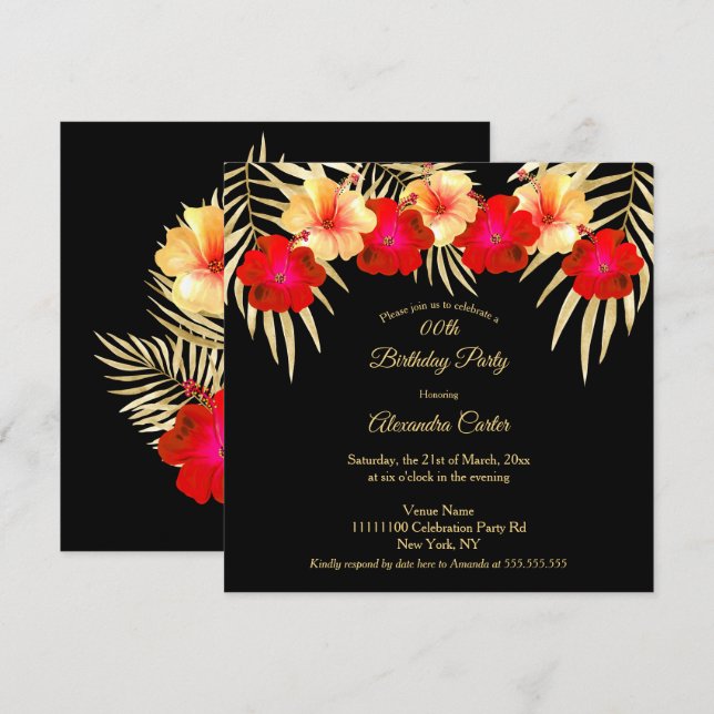 Red Gold Black Palms Hibiscus Floral Birthday sq Invitation (Front/Back)