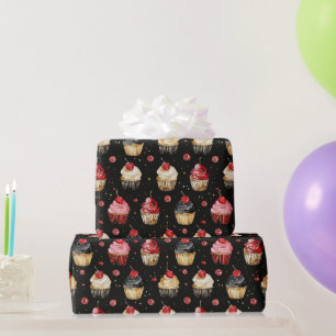 Red Gold Black Pink Cupcakes Cherry Birthday Wrapping Paper