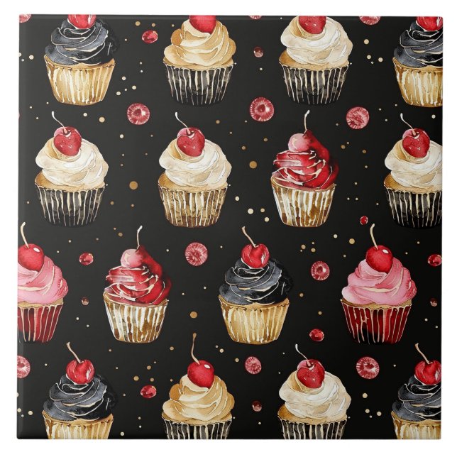 Red Gold Black Pink Cupcakes Cherry  Tile (Front)