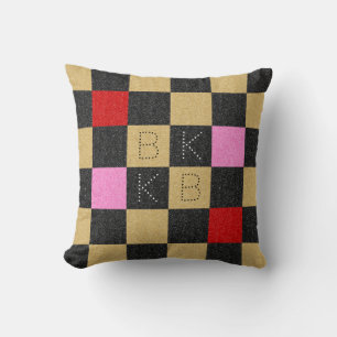 Red Gold Black Pink Glitter Chequered Monogram Cushion